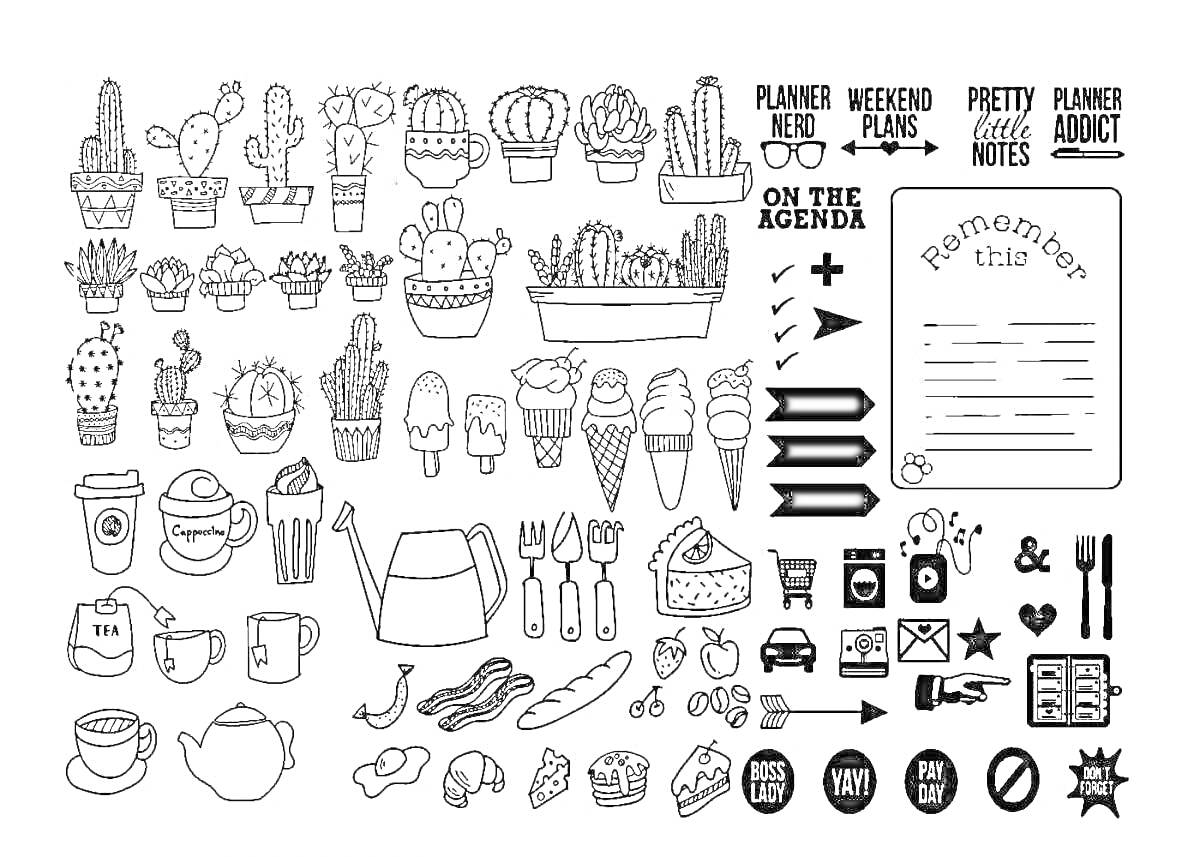 Раскраска Стикеры для ежедневника с кактусами, мороженым, чаем, кухонной утварью и элементами планирования
