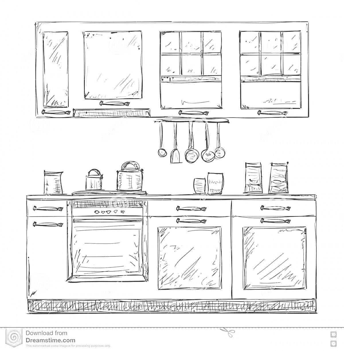 На раскраске изображено: Кухонный шкаф, Раковина, Посуда, Кастрюли, Кухонные принадлежности, Полотенце