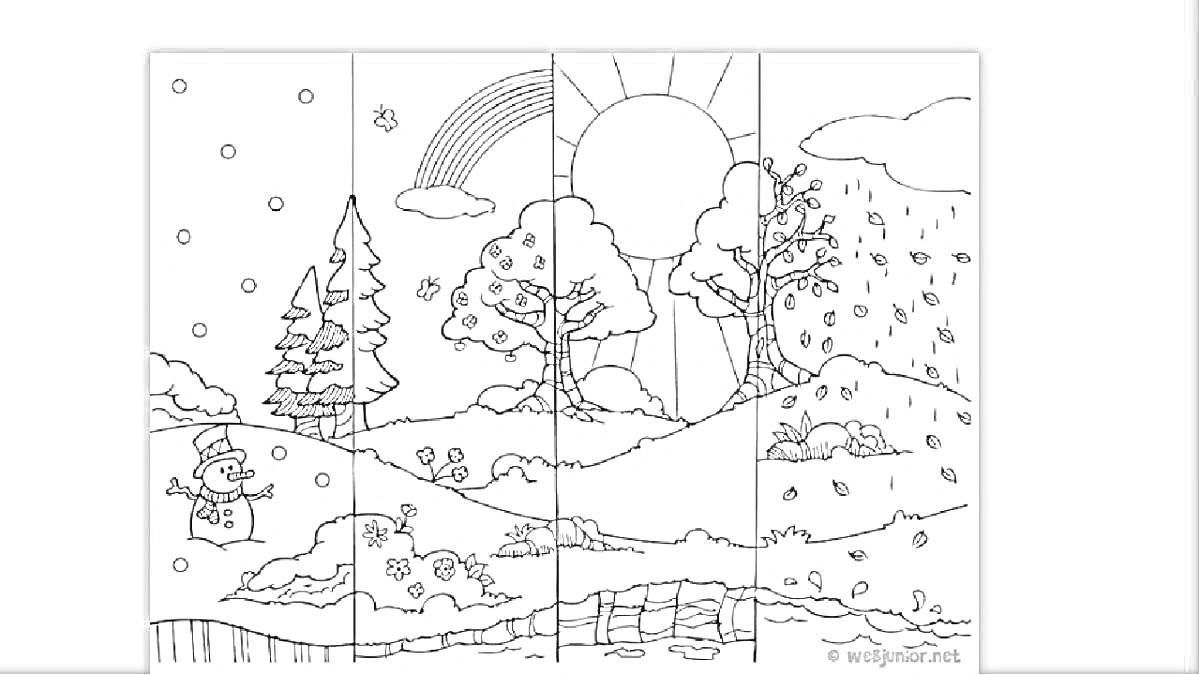 Раскраска Времена года для детей: снеговик зимой, цветущий луг весной, дерево и радуга летом, дождик осенью