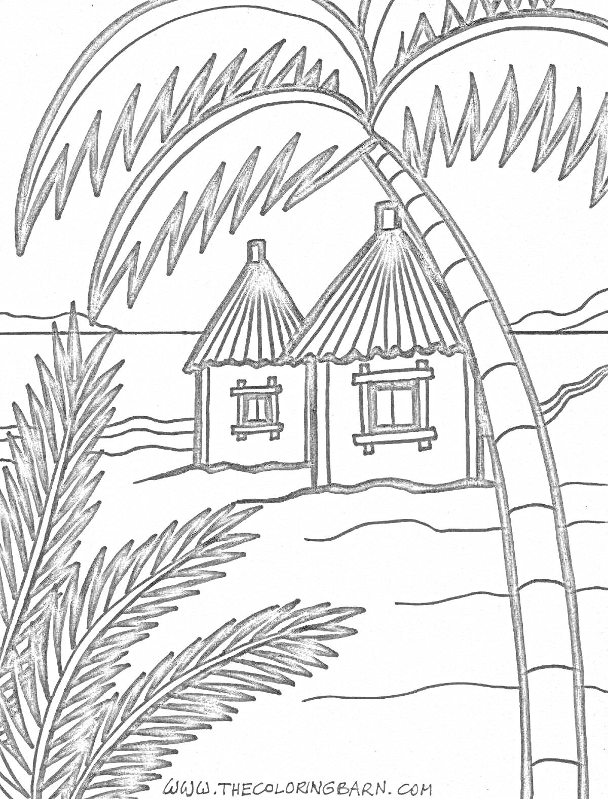 Раскраска Закат у хижин на берегу моря с пальмой