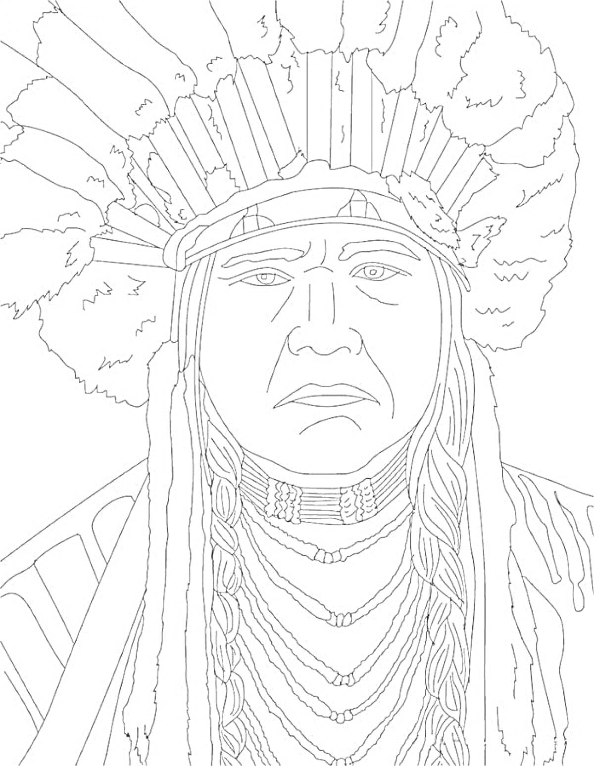 Раскраска Индейский вождь в головном уборе из перьев и ожерелье с бусинами.
