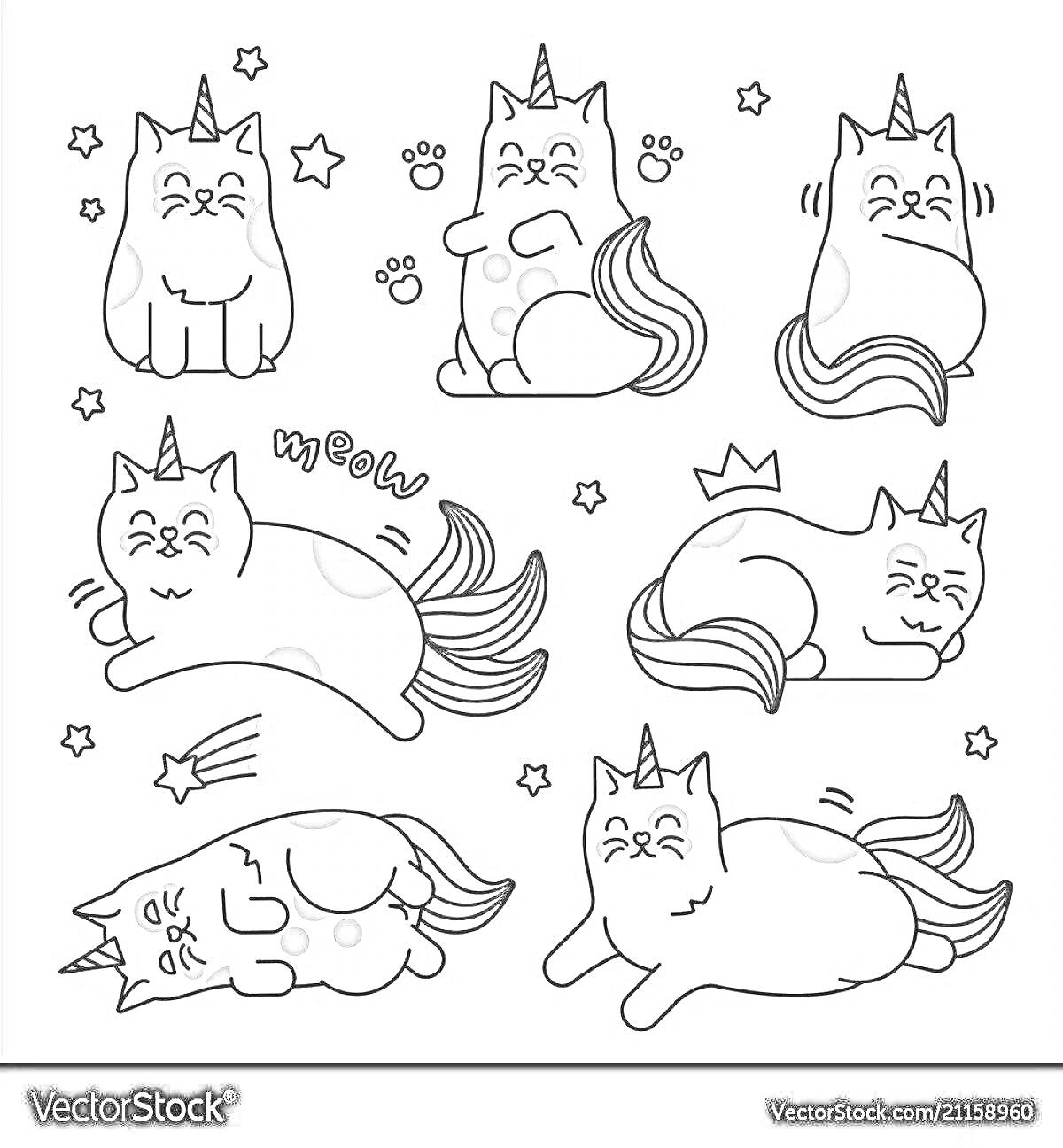 Раскраска Стикеры с кошками-единорогами, включая сидящих, лежащих и счастливых кошек с хвостами единорогов, короной, лапками и звездами