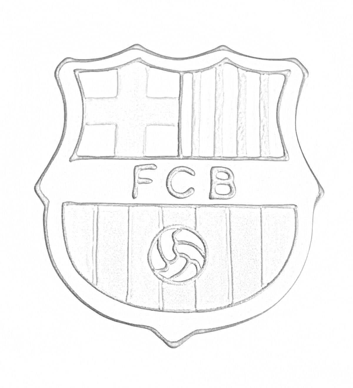 Раскраска Эмблема футбольного клуба Барселона с изображением креста, полос, аббревиатуры FCB и мяча