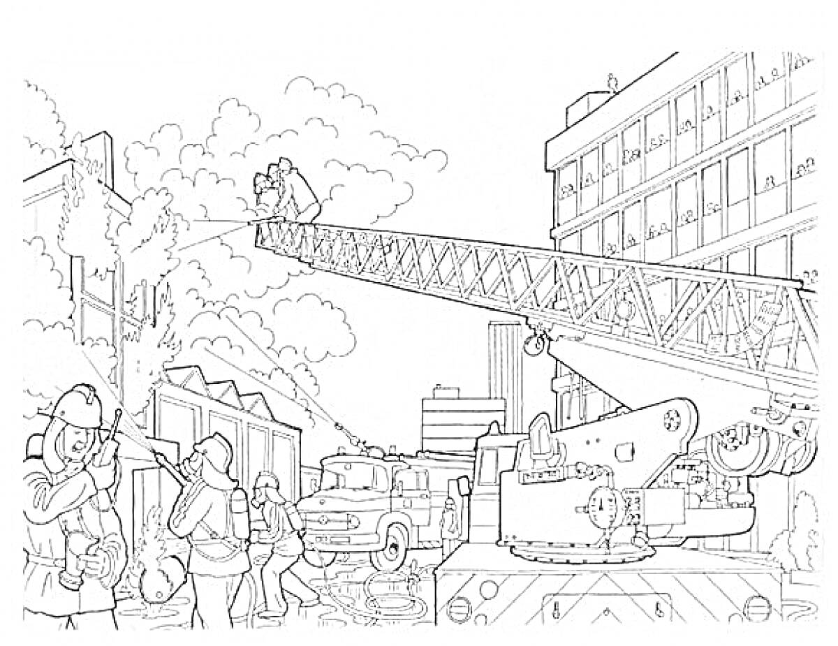 На раскраске изображено: Пожарные, Пожар, Пожарная машина, Лестница, Здание, Дым, Тушение пожара, Безопасность, Города
