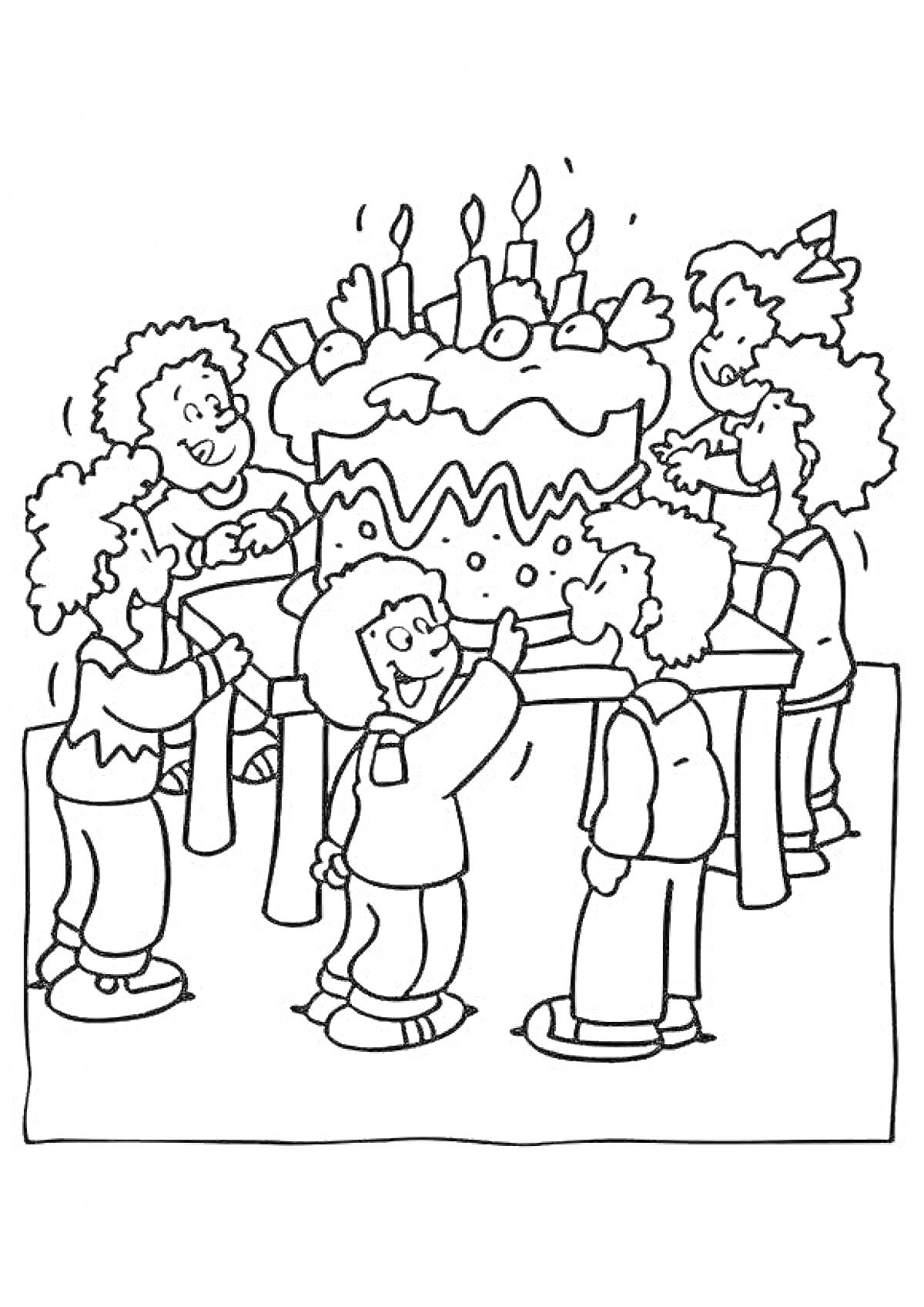 На раскраске изображено: Вечеринка, День рождения, Торт, Свечи, Веселье, Стол, Радость, Для детей, Праздники
