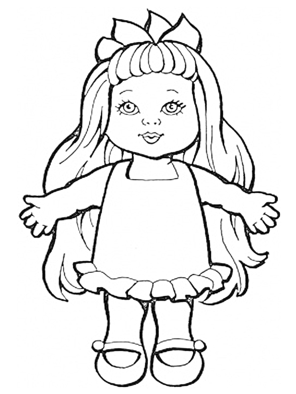 кукла с длинными волосами, бантом, в платье с оборками и туфлях