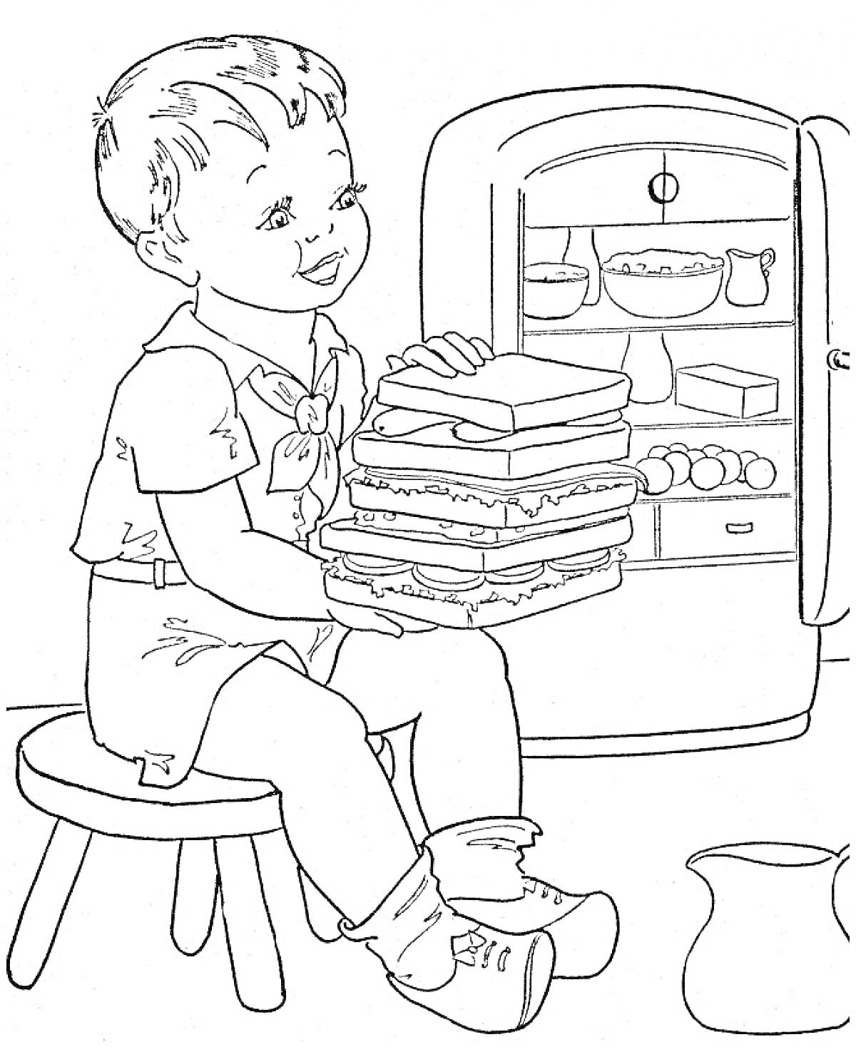На раскраске изображено: Ребёнок, Холодильник, Еда, Стул, Кухня, Чаши, Продукты, Бутерброд