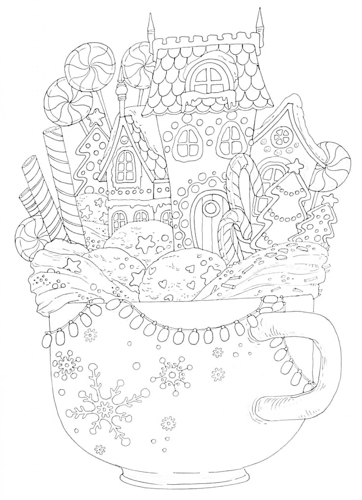 Раскраска Кружка с пряничными домиками, конфетами и печеньем