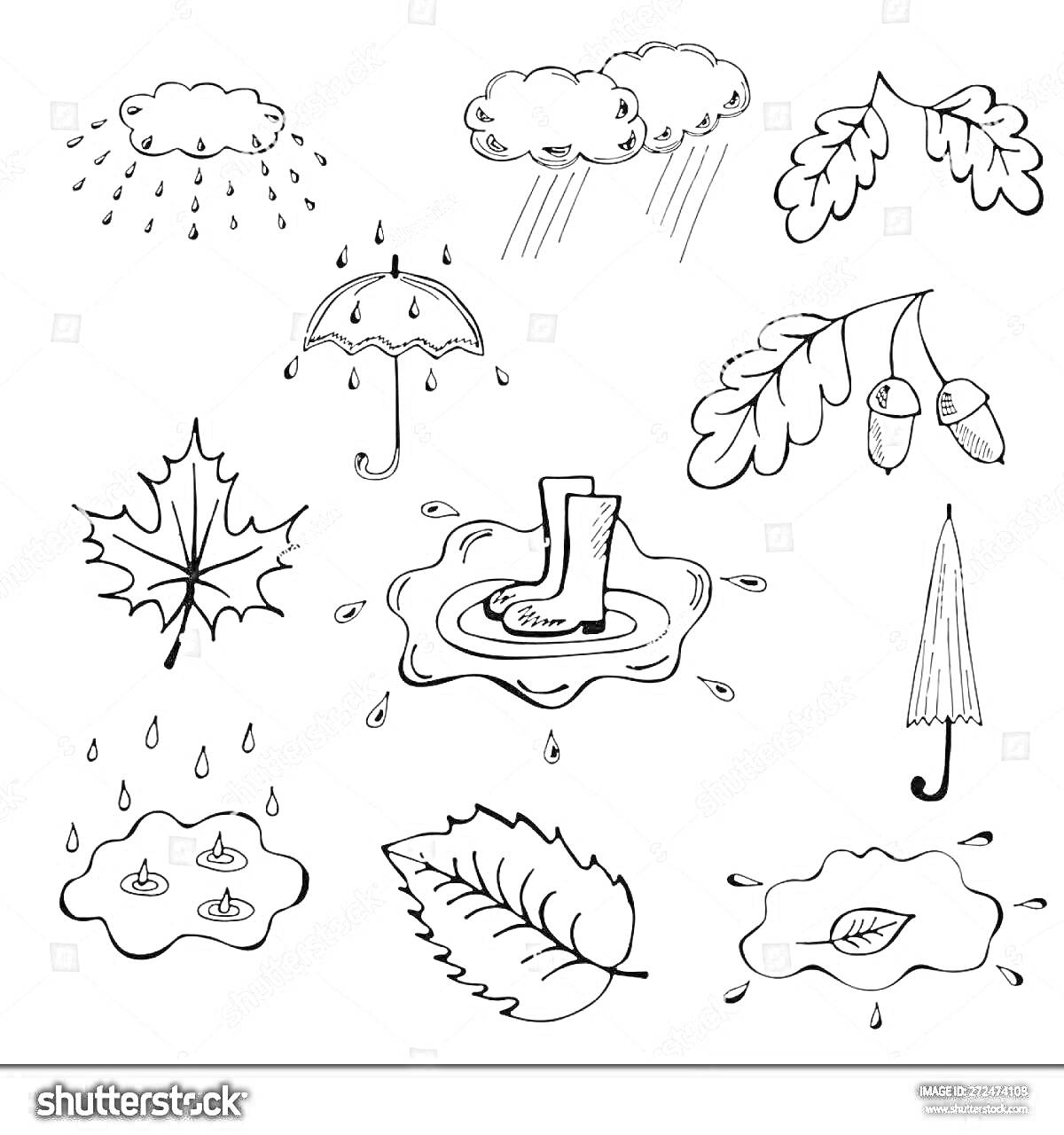 Раскраска Рисунок с резиновыми сапогами в луже, различными видами листьев, зонтами, дождевыми каплями и облаками