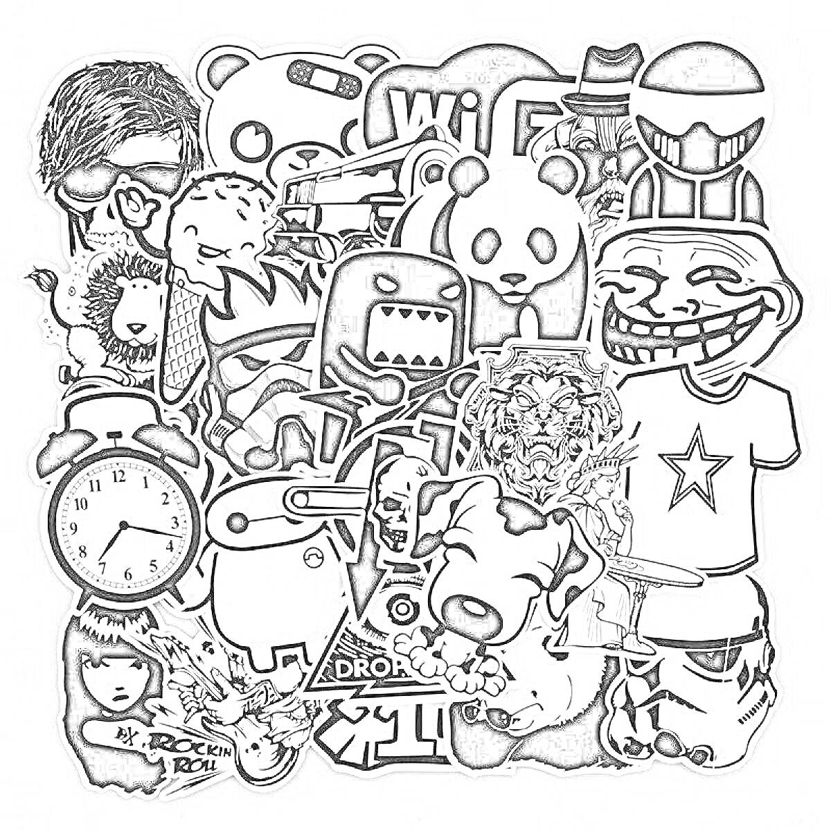 Раскраска Коллаж из разных персонажей, включающий медведя, дракона, панду, лису, часы, собаку, человекоподобных персонажей и другие элементы