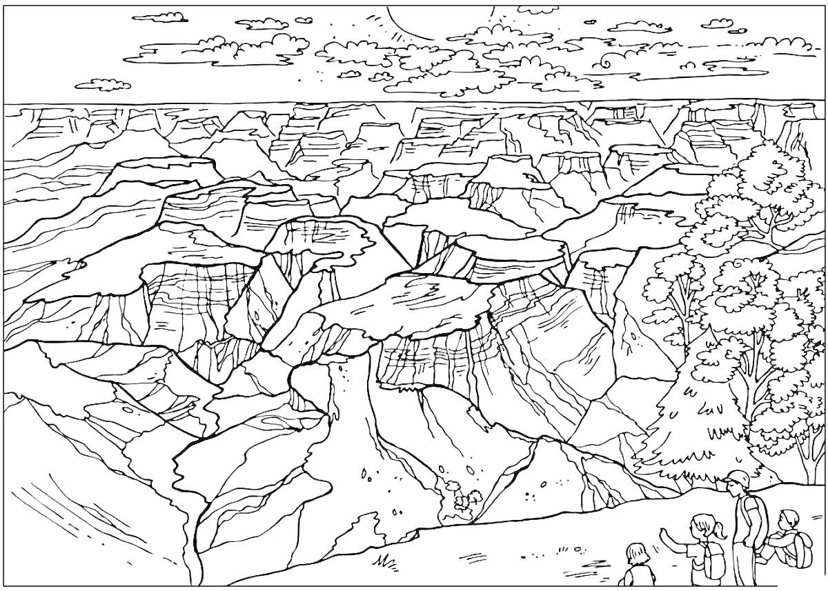 Раскраска Живописный вид на каньон с людьми, деревьями и солнечными лучами