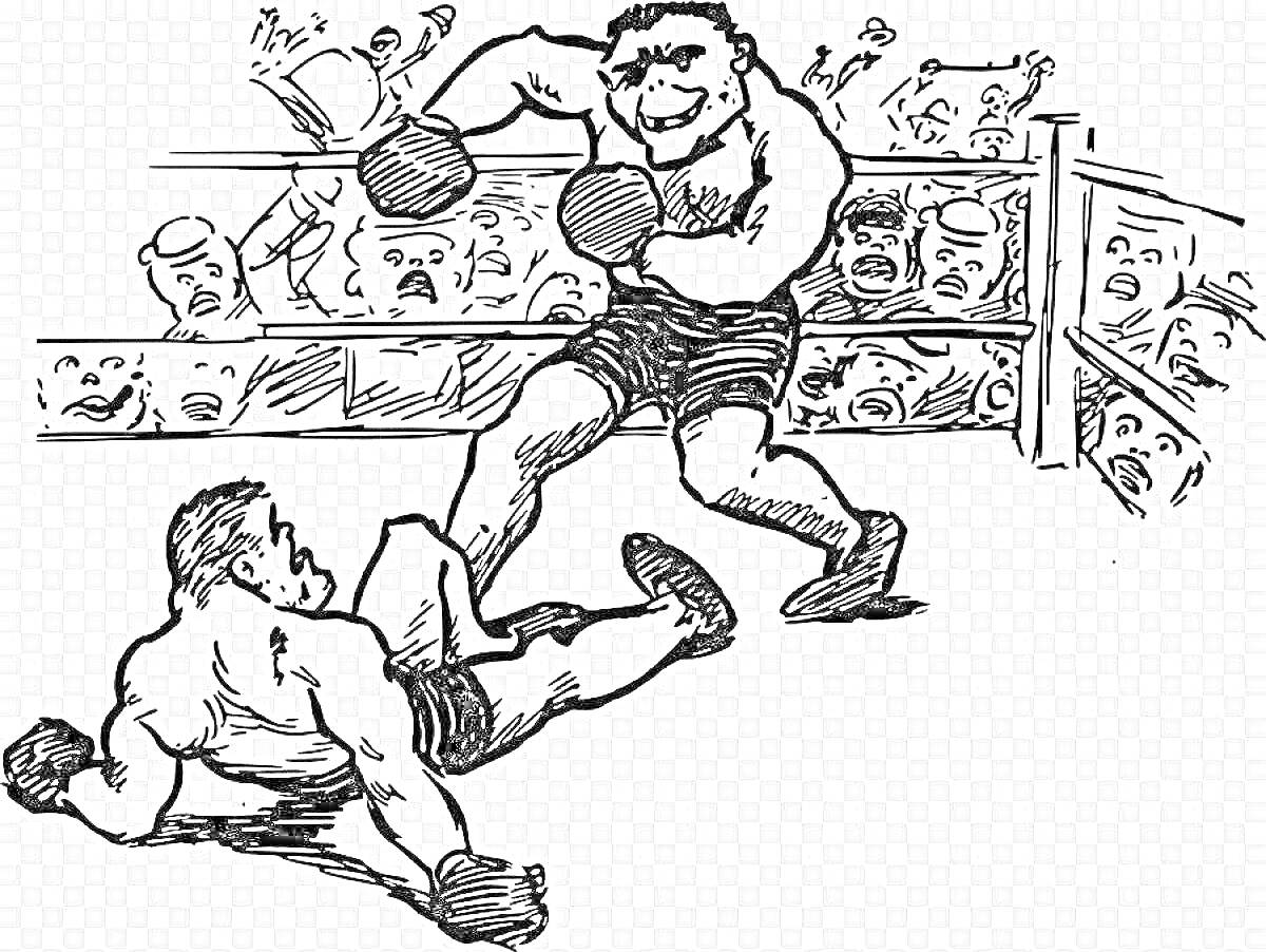Раскраска Боксёрский поединок на ринге, упавший боксёр, необычно выглядящий победитель, зрители на заднем плане
