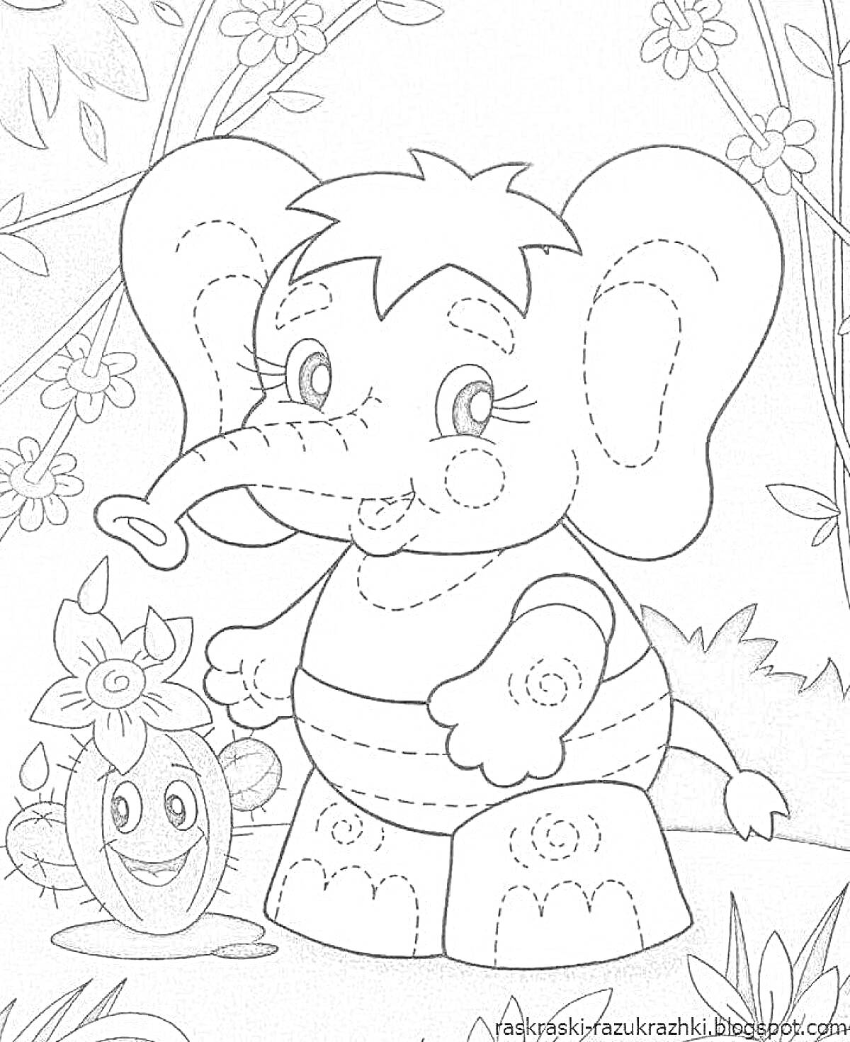 Раскраска Радостный слоненок и кактус с цветком в лесу