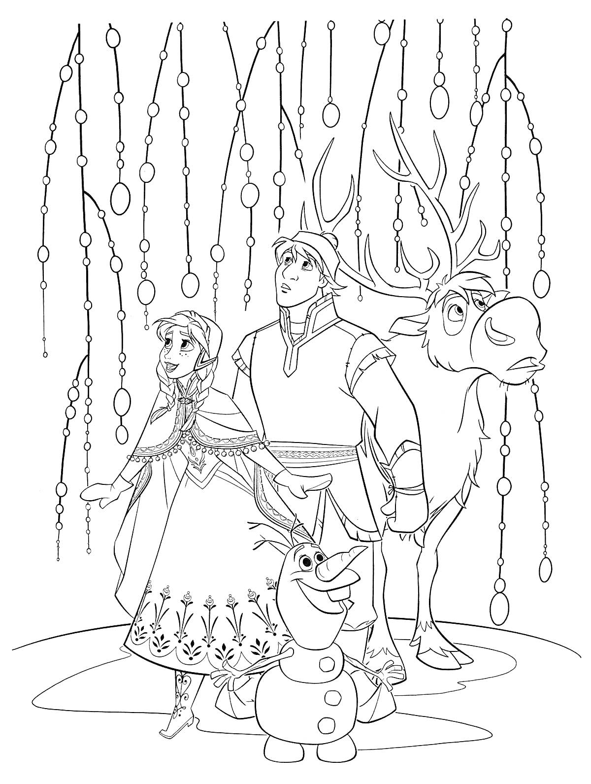 Раскраска Герои мультфильма во льду под гирляндами с оленьем