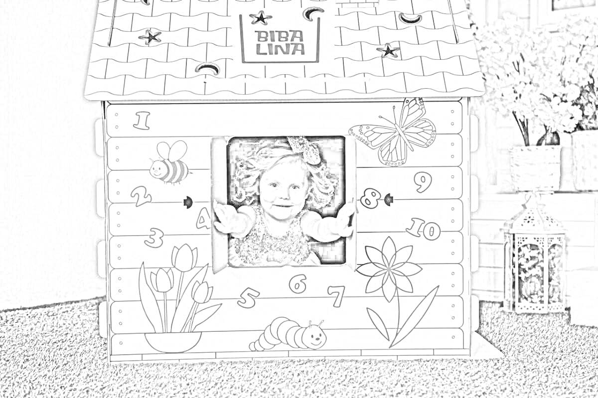 Раскраска Домик из картона с рисунками пчел, бабочки, цветов и цифр, девочка выглядывает из окна, в помещении стоят цветы в вазе и фонарь-светильник