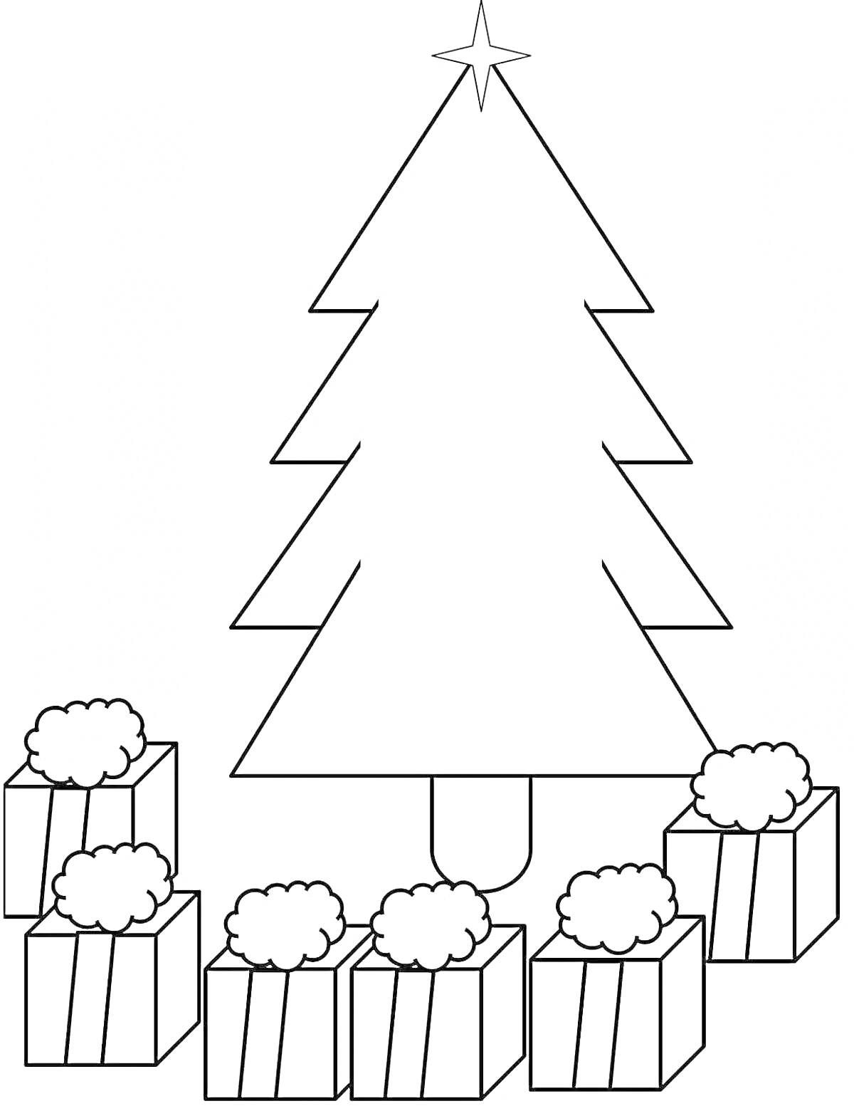 Раскраска новогодняя елка с звездой и подарками