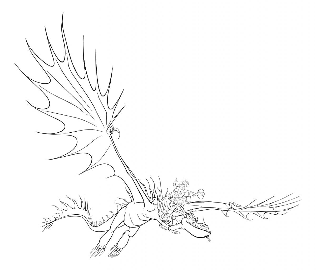Раскраска Воин на драконе с широко раскрытыми крыльями, полет над землей