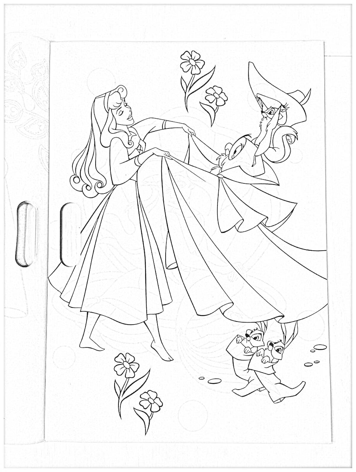 На раскраске изображено: Принцесса, Волшебник, Танец, Шляпа, Цветы, Большая, Наклейки