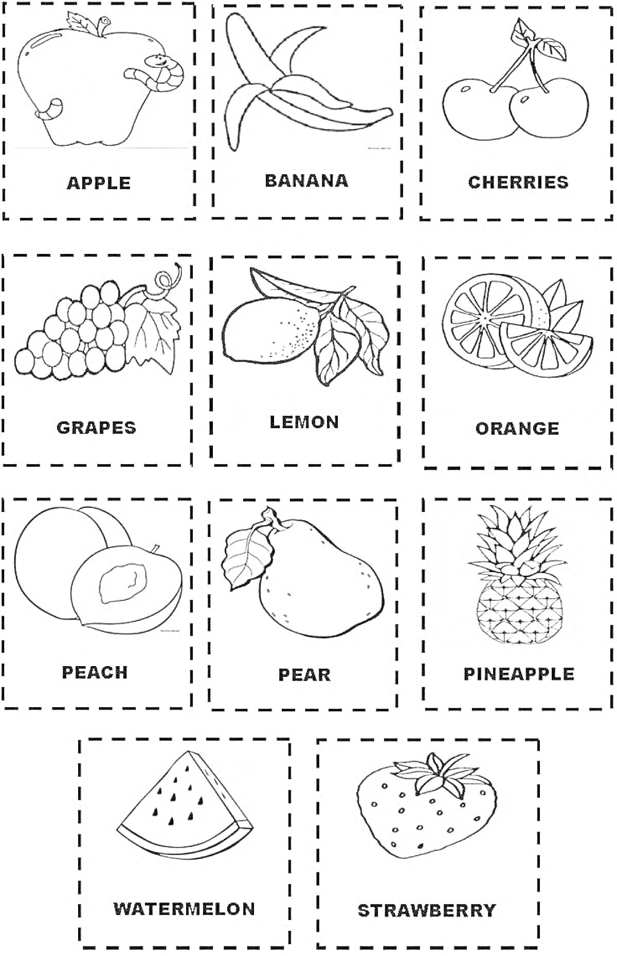 На раскраске изображено: Фрукты, Яблоко, Банан, Вишня, Виноград, Лимон, Апельсин, Персик, Ананас, Арбуз, Клубника, Для детей, Английский язык, Груши