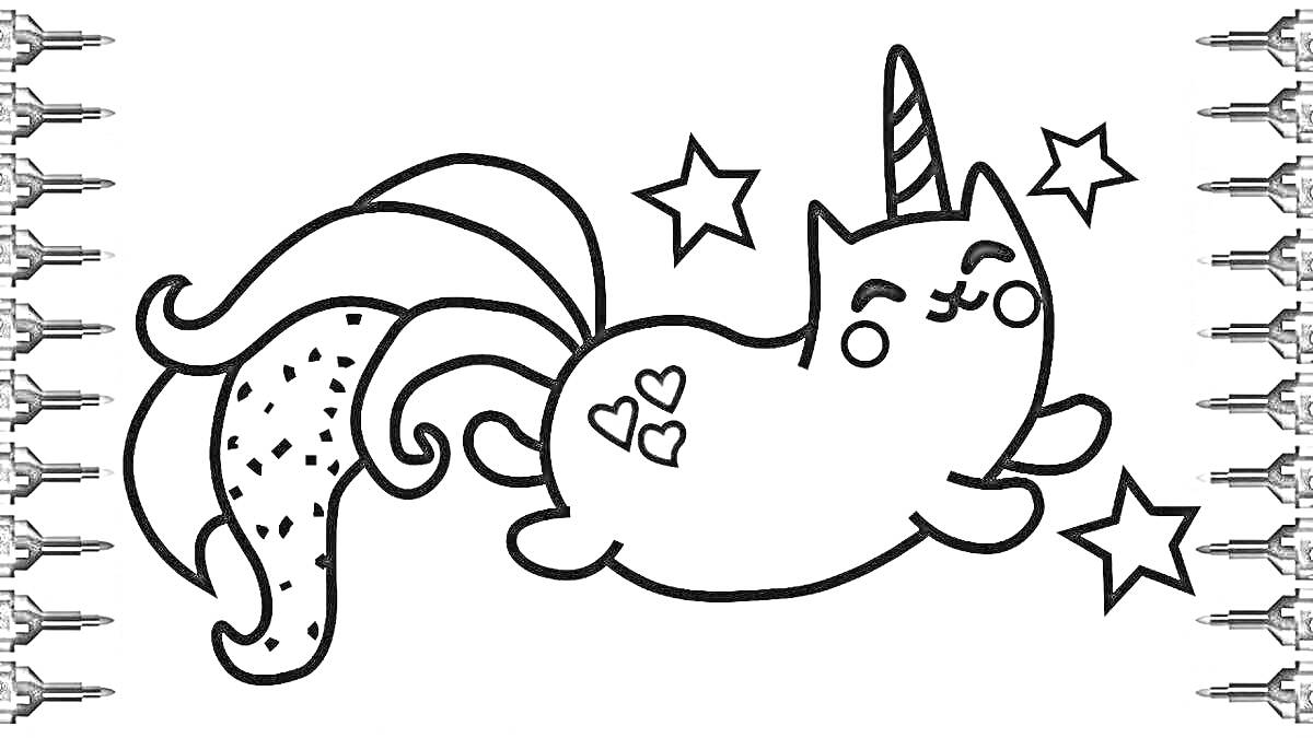 Раскраска Котик-единорожка с сердечками и звездами
