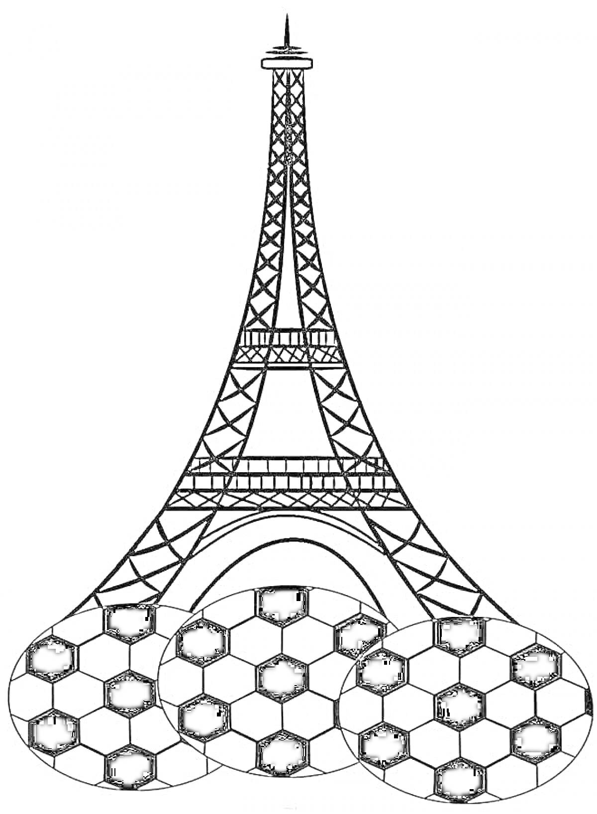 Раскраска Эйфелева башня с футбольными мячами