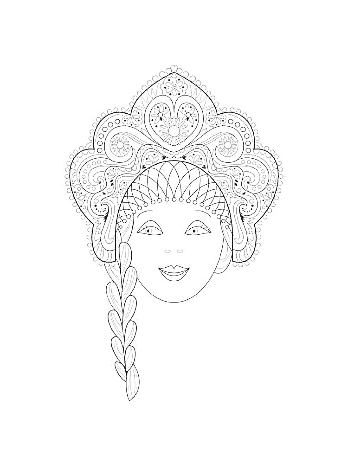 Раскраска Девушка в кокошнике с узорами и косой