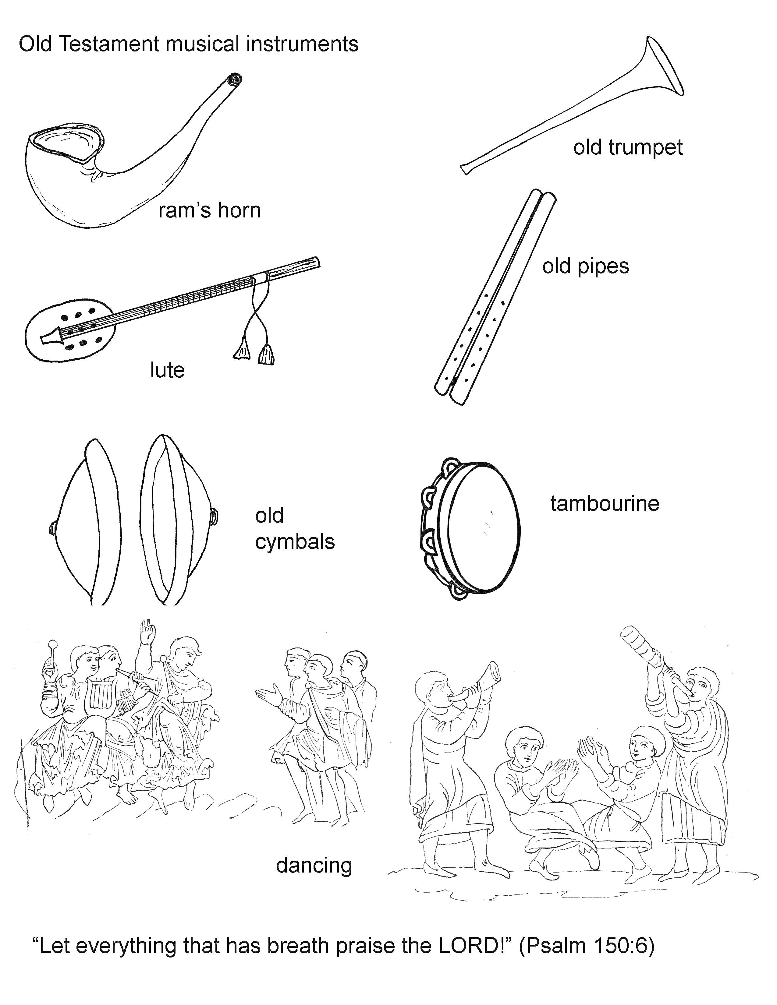 На раскраске изображено: Барабан, Труба, Лютня, Музыка