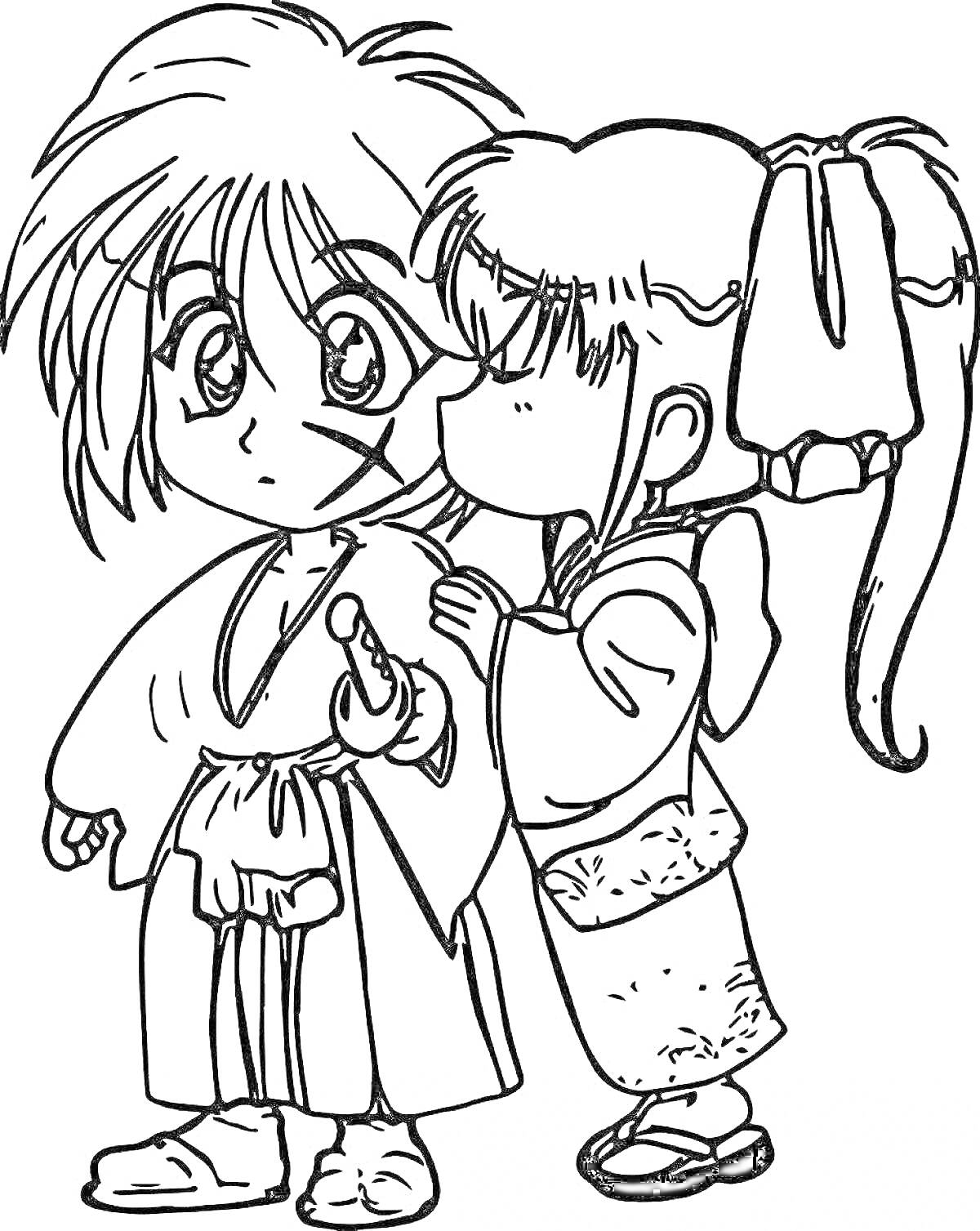 Раскраска Девушка целует парня в щеку, одетого в традиционную японскую одежду