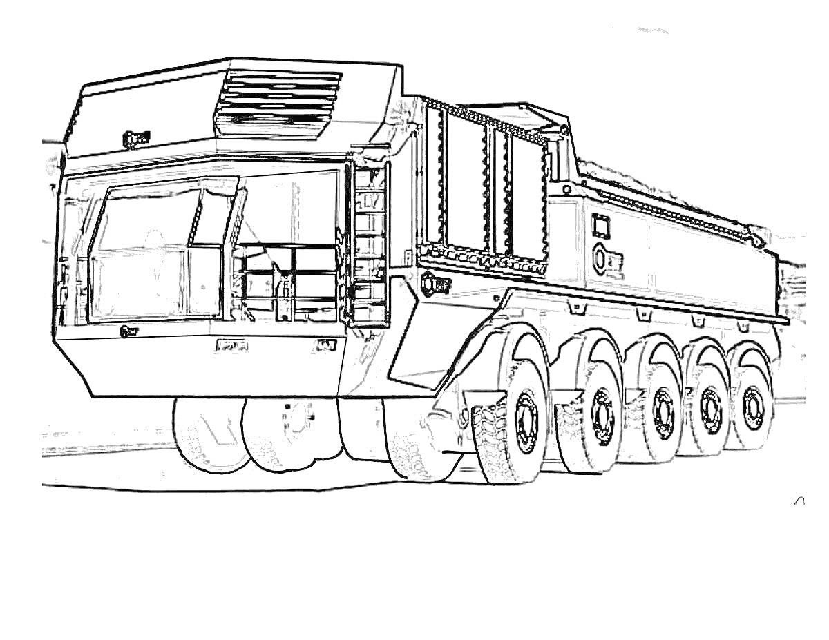 Раскраска Вездеход с шинами, сящими по периметру, большим кузовом и массивной кабиной