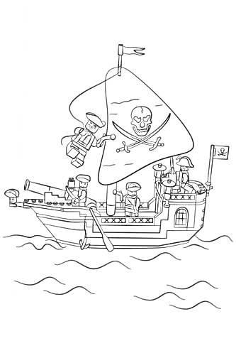 На раскраске изображено: Лего, Пираты, Пиратский корабль, Пушка, Флаг, Череп, Кости, Море, Корабль, Для детей, Фигуры