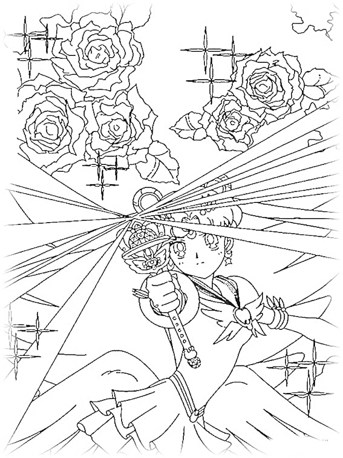 Раскраска Воин света Сейлормун с магическим жезлом на фоне роз и решеток