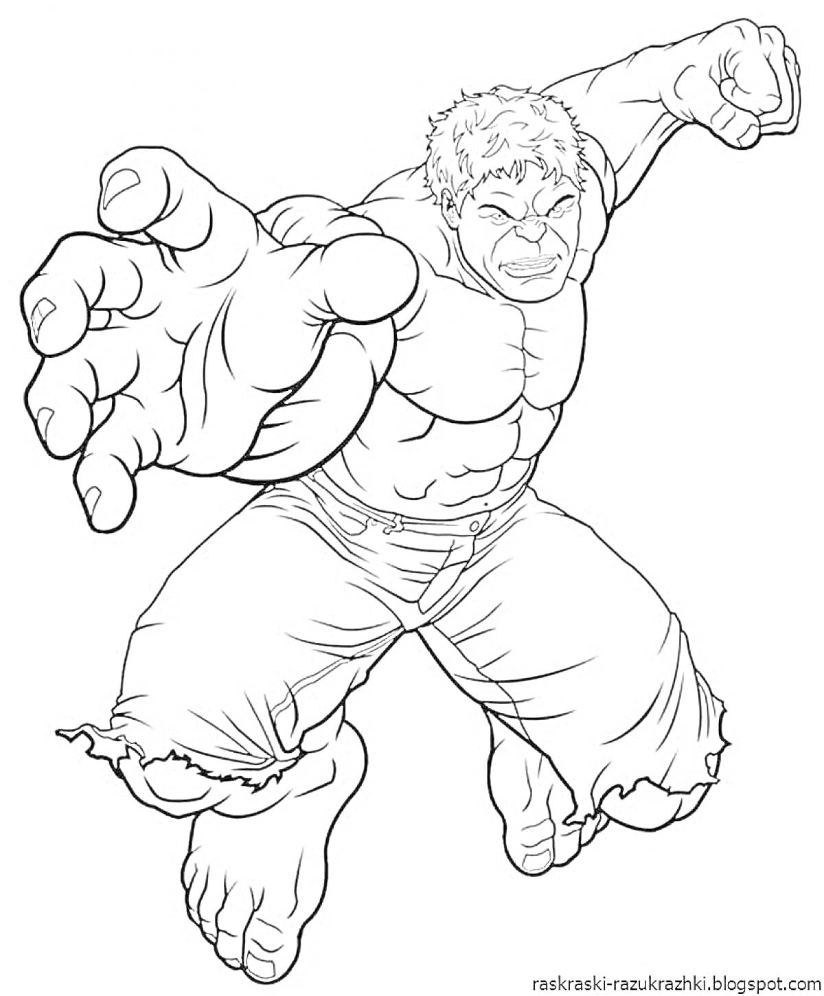 Раскраска Халк в прыжке с вытянутыми руками и разорванными штанами