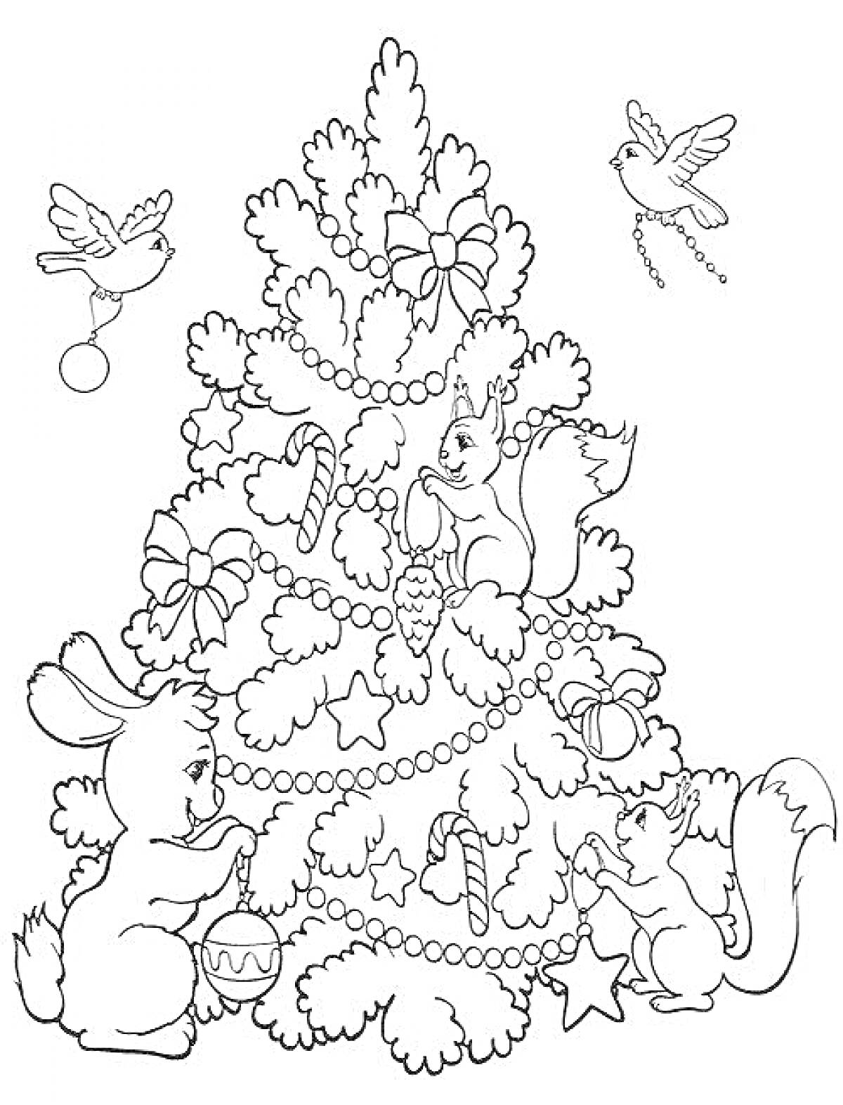 Раскраска Новогодняя елка с ветками и украшениями, белочка, заяц, птицы
