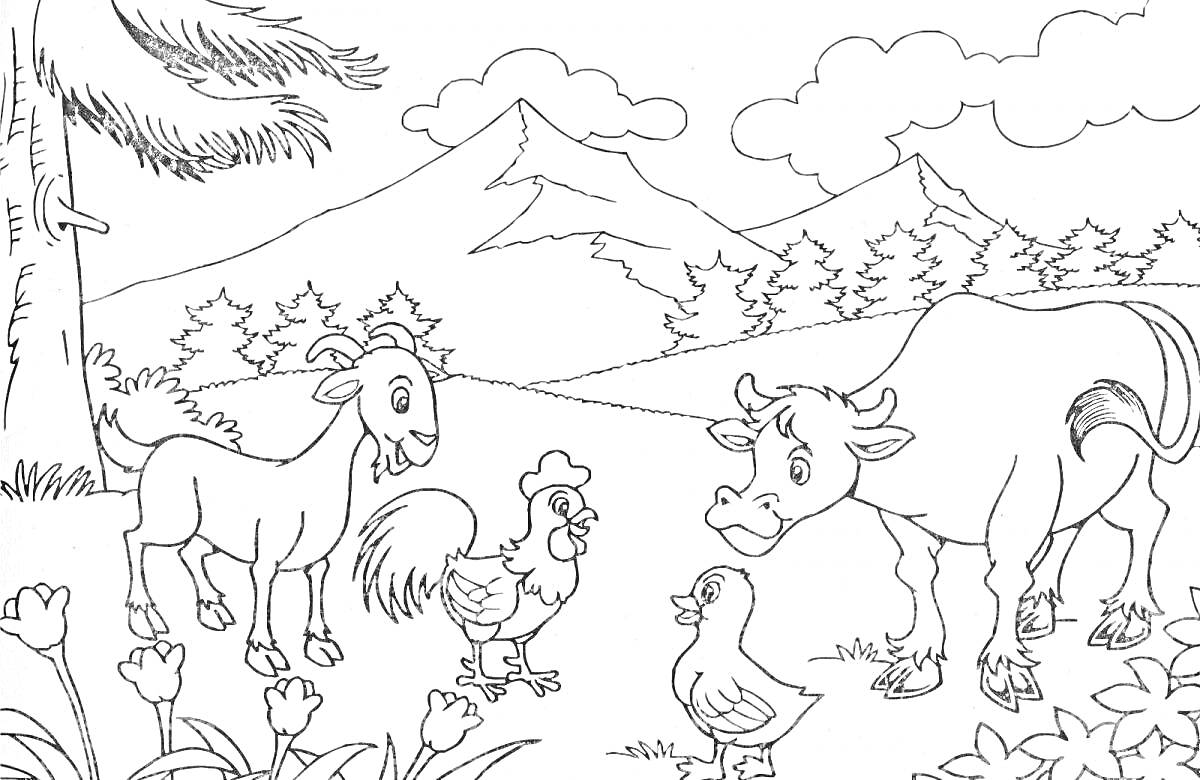 На раскраске изображено: Корова, Горы, Деревья, Облака, Цветы, Трава, Природа, Первый класс, Для детей, Животные, Козел, Курицы, Утка
