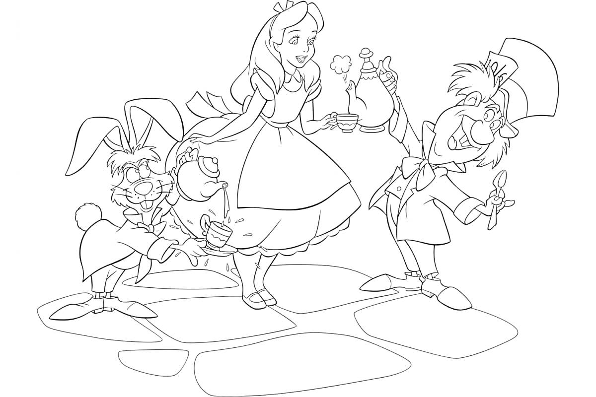 На раскраске изображено: Алиса, Мартовский Заяц, Бутылка, Безумный Шляпник, Кролик
