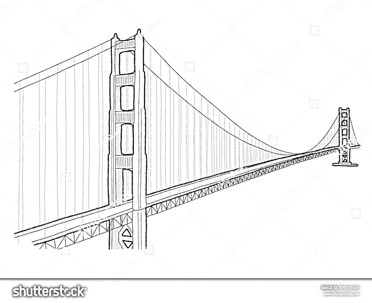 Раскраска Раскраска моста Золотые Ворота с двумя башнями и висячими тросами