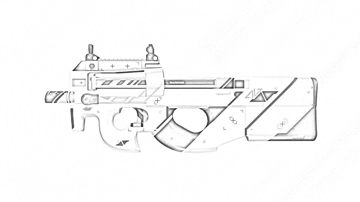 На раскраске изображено: Пистолет-пулемет, Оружие, Футуристический дизайн, Паттерн
