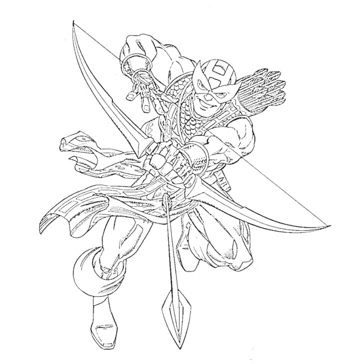 Раскраска Маскированный лучник с луком и стрелами, одетый в костюм с накидкой, в прыжке с натянутым луком.