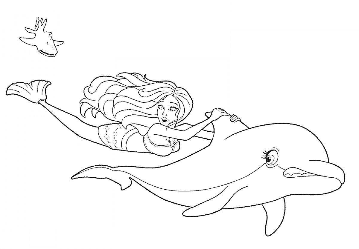 Раскраска Русалка Барби на дельфине с рыбкой