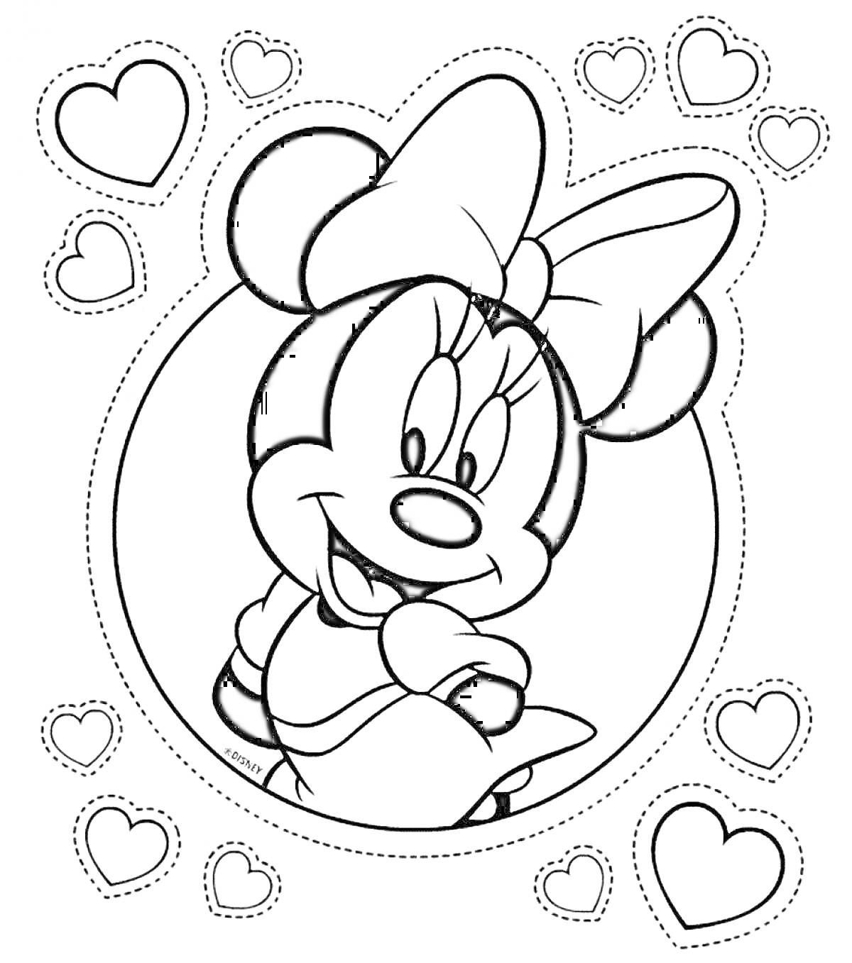 Раскраска Мышка в бантике в окружении сердечек