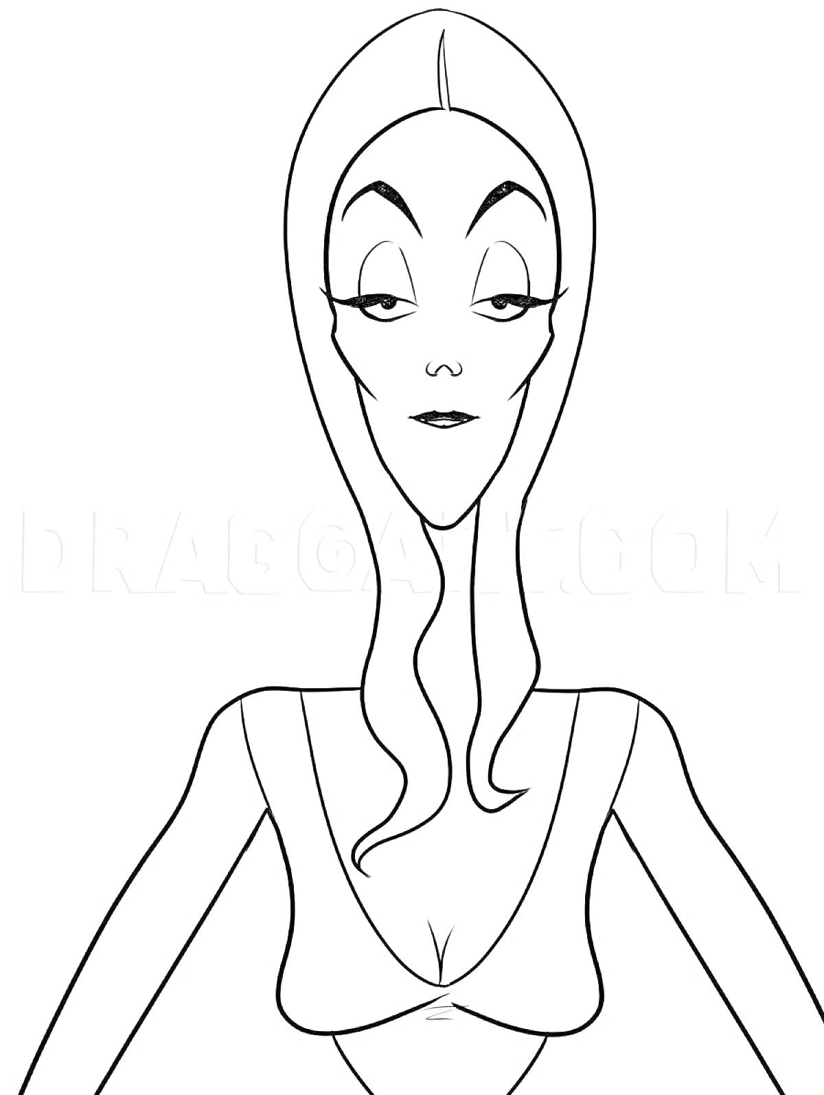Раскраска Женский персонаж в стиле Аддамс с длинными распущенными волосами и выразительными глазами