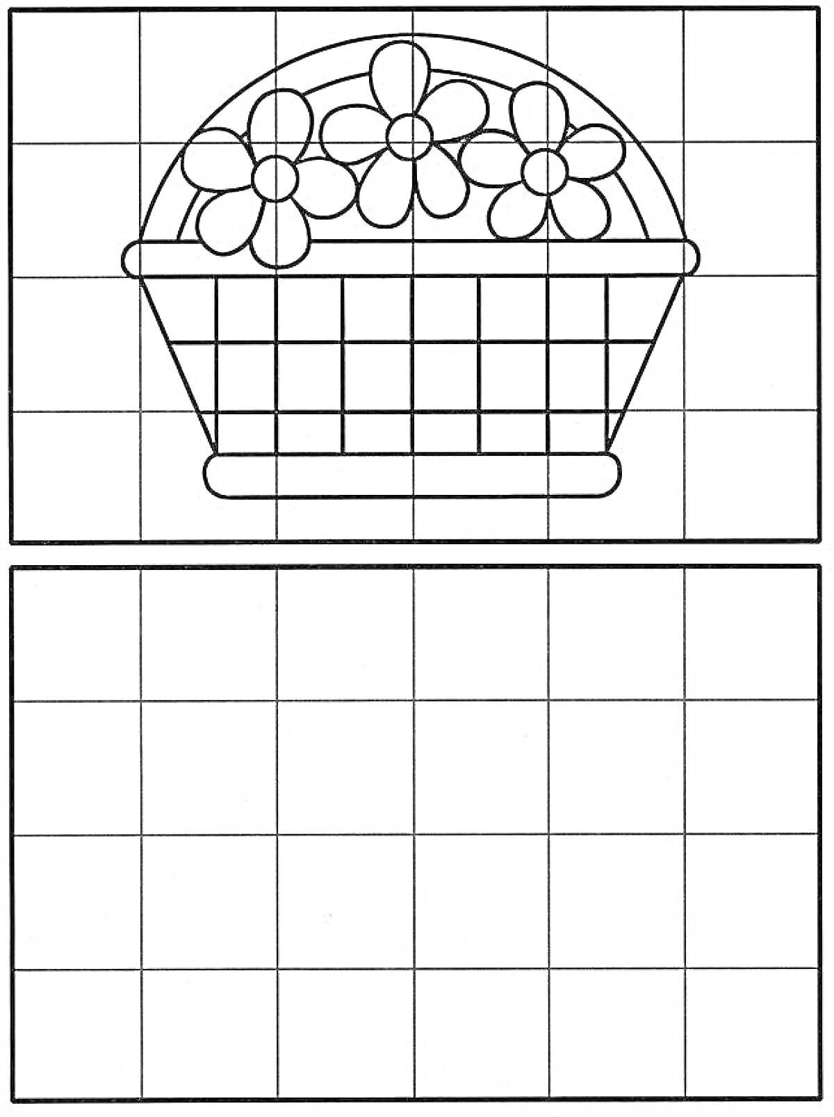 На раскраске изображено: По клеткам, Корзина, Цветы, Творчество