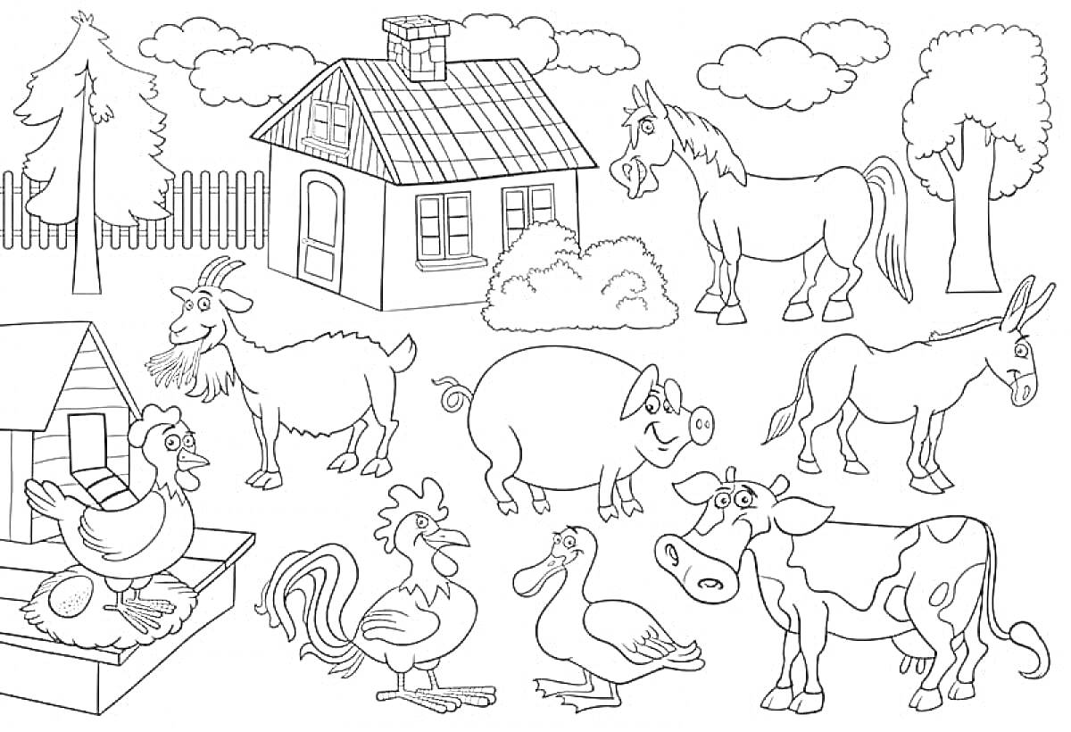 Раскраска Домашние животные на ферме: дом, деревья, забор, конь, козёл, свинья, осёл, курица на насесте, петух, утка, гусь, корова
