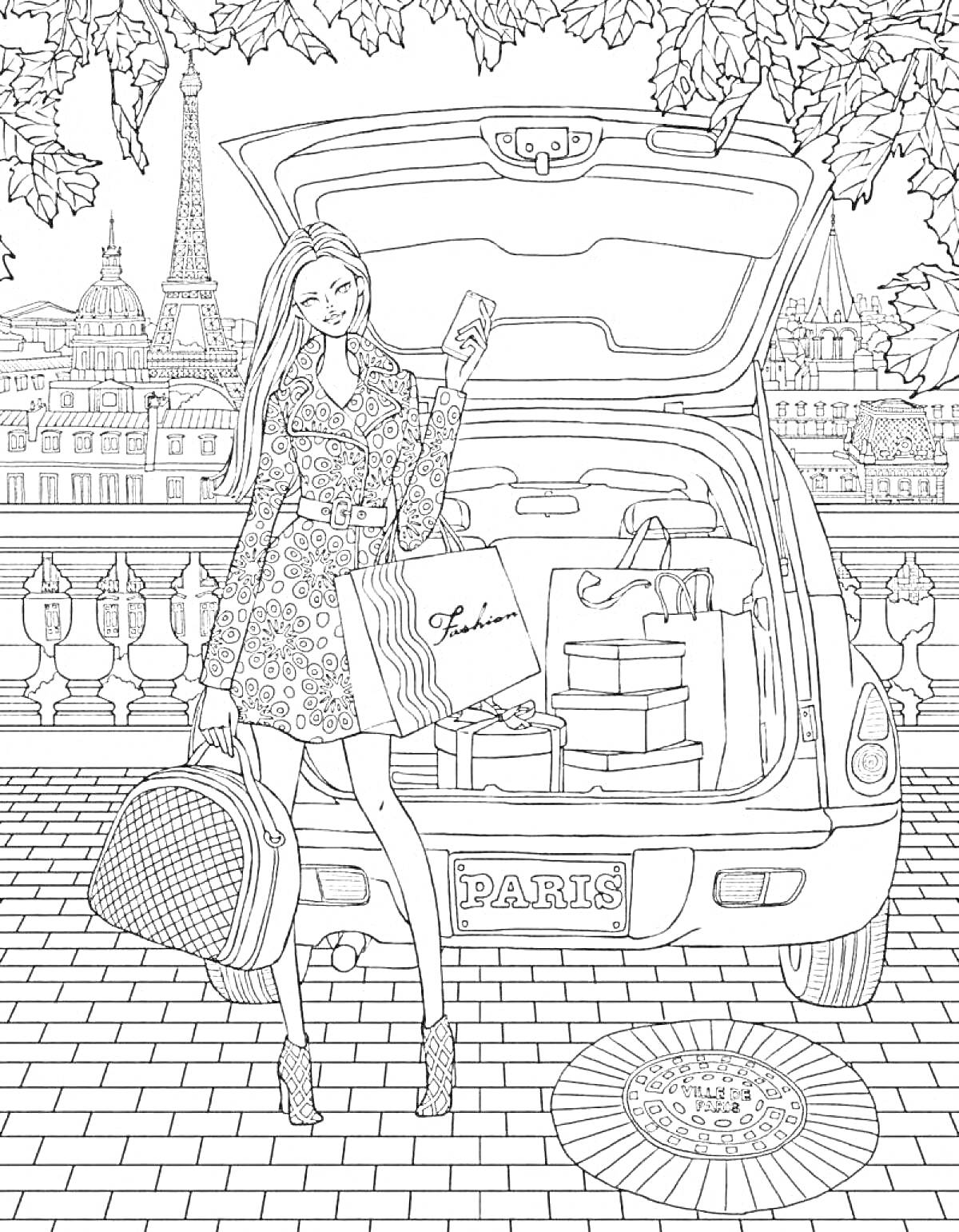 Раскраска девушка с сумками для покупок у багажника автомобиля на фоне Парижа