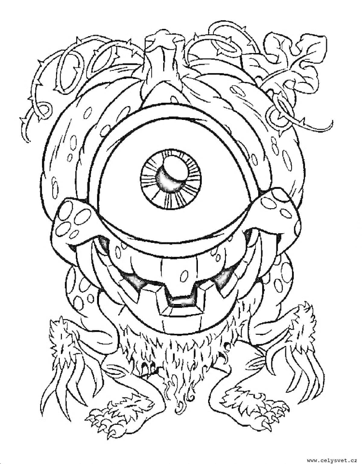Раскраска Одноглазый монстр с головой в форме тыквы и лианами, волосатый, с лапами вместо ног