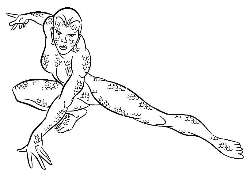 Раскраска Человек Икс в прыжке с чешуйчатой кожей, с распростертыми руками и согнутыми ногами