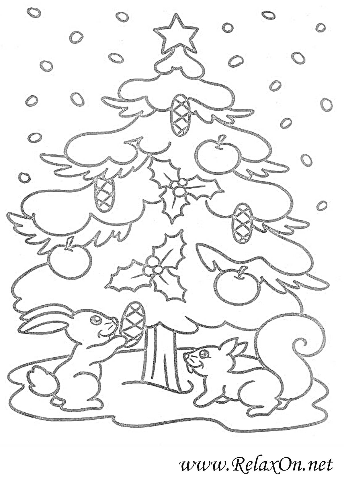 На раскраске изображено: Снег, Новогодняя елка, Игрушки, Шишки, Кролик, Белка, Рождество, Зимняя сцена