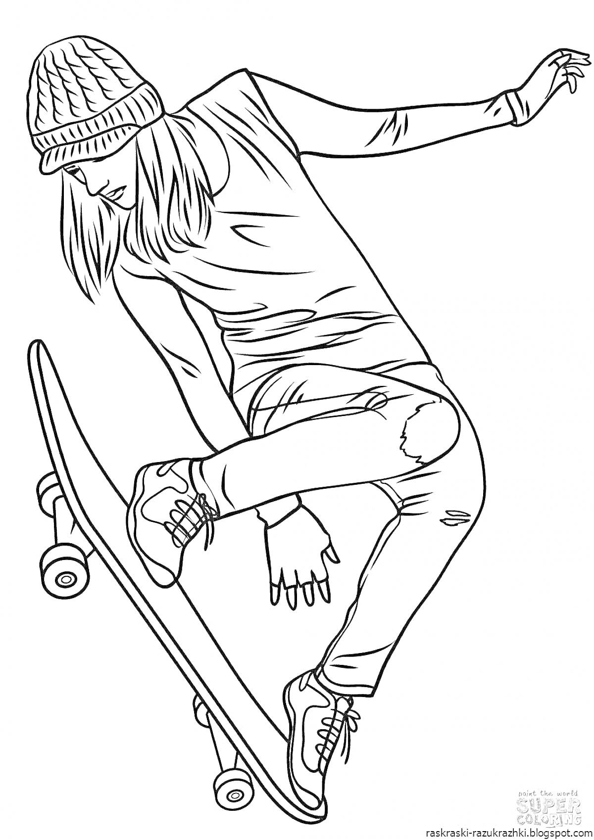 Раскраска Девушка на скейтборде в прыжке