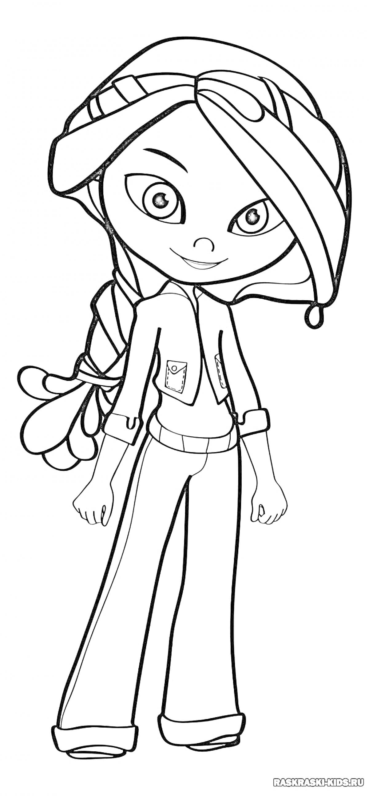 Раскраска Девочка-мультяшный персонаж в костюме с карманами и капюшоном