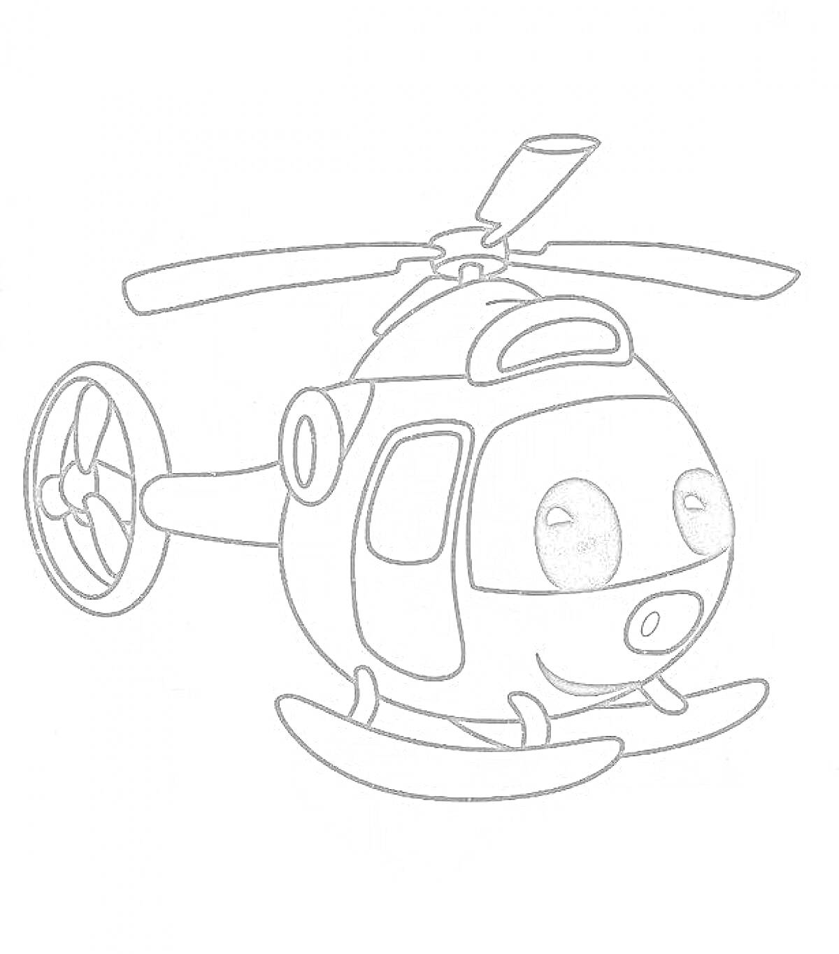 Раскраска Вертолет с улыбкой и большими глазами, с задним винтом и деталями кабины